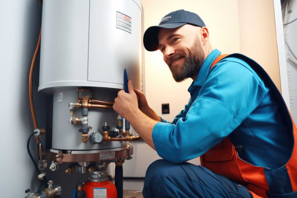 A man wearing an orange vest and blue shirt is engaged in fixing a water heater, showcasing skills in water heater installation.