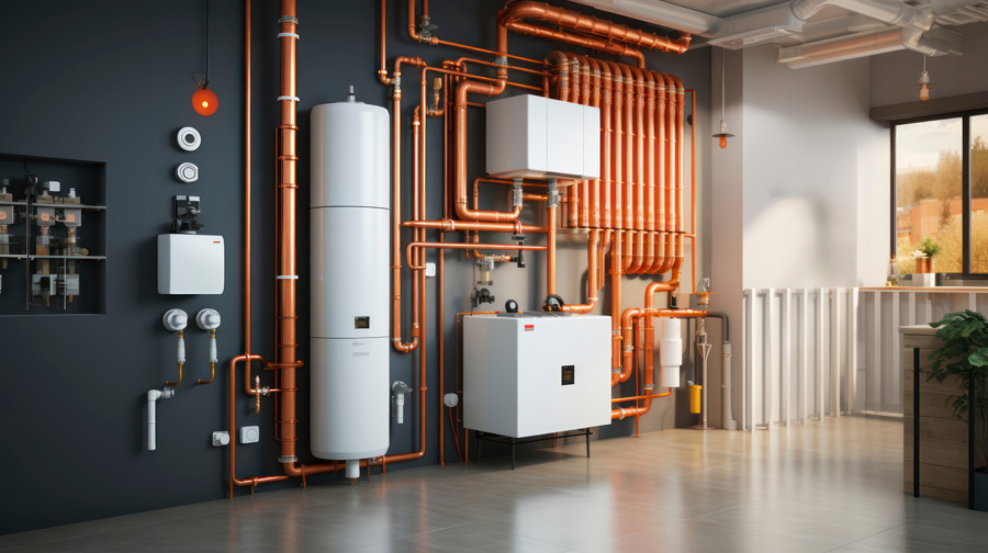 A room containing water heaters and pipes, with natural gas line installation.