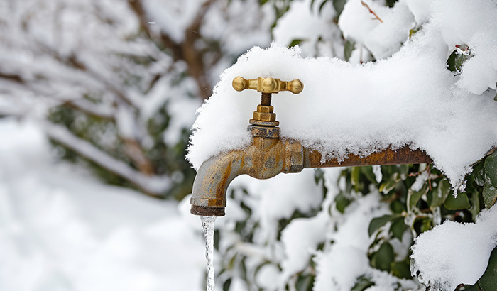 A water faucet covered in snow, creating a wintry scene.