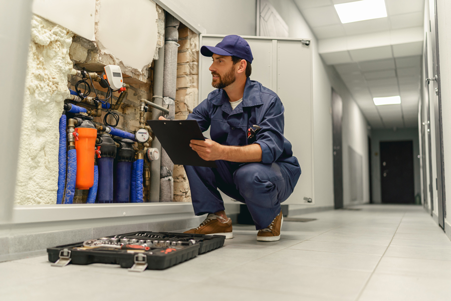 A man in a blue uniform kneeling next to a wall with a toolbox, ready to fix or repair something.