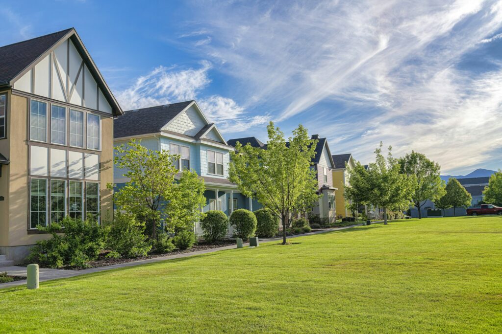 Peaceful landscape of houses in valley in Utah