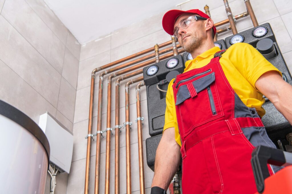 A plumber in overalls and red hat standing next to a water heater.