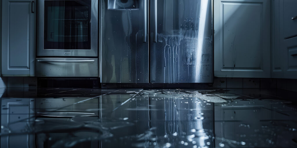 A kitchen scene with a refrigerator and sink, highlighting the chaos caused by a plumbing disaster, including water spills.